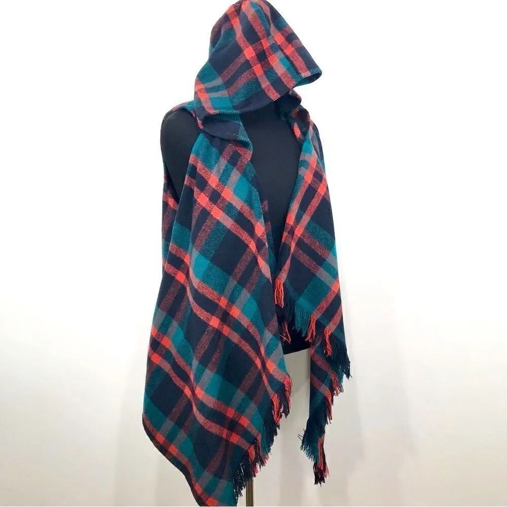 Stevie Hender Black Green Red Wool Plaid Hooded Fringed Drape Blanket Vest
